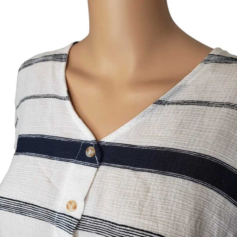 Blu Pepper Striped Peplum Blouse‎ Navy White Button Up Baby Doll Small - Picture 9 of 13